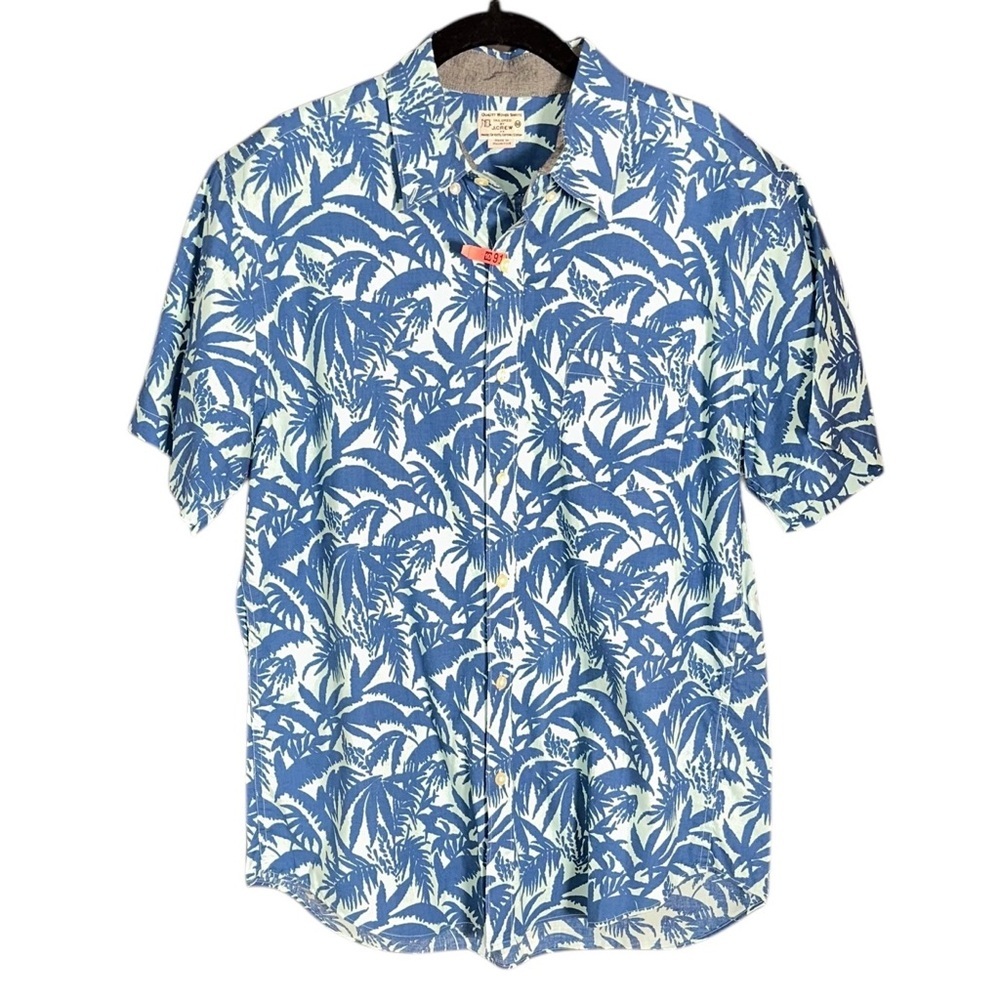 VTG J. Crew Camp Shirt Short Sleeve Blue Tropical Hawaiian Button Up Sz M